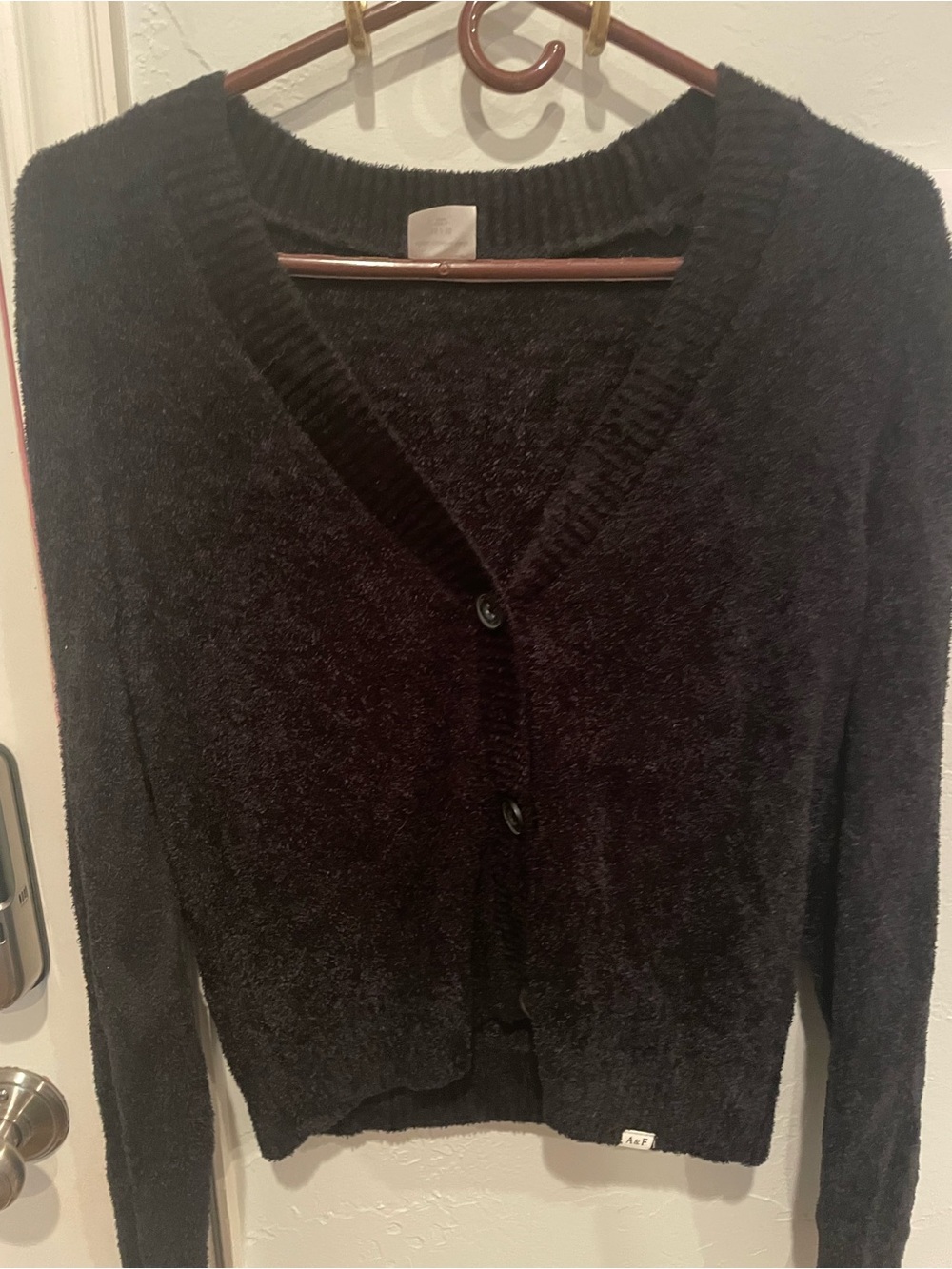 Black V-Neck Button Front Junior Girls Velour Cardigan